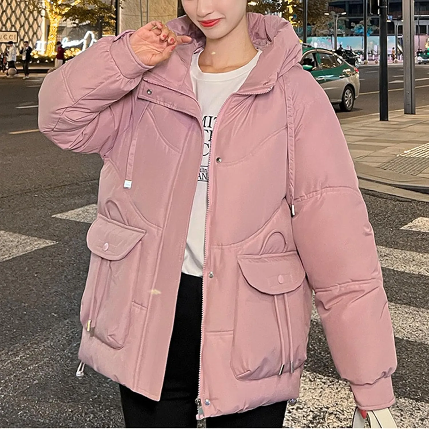 Women's Winter Zip Cropped Puffer Jacket Long Sleeve Warm Hooded Down Coats Loose Fit Quilted Jacket with Pocket
