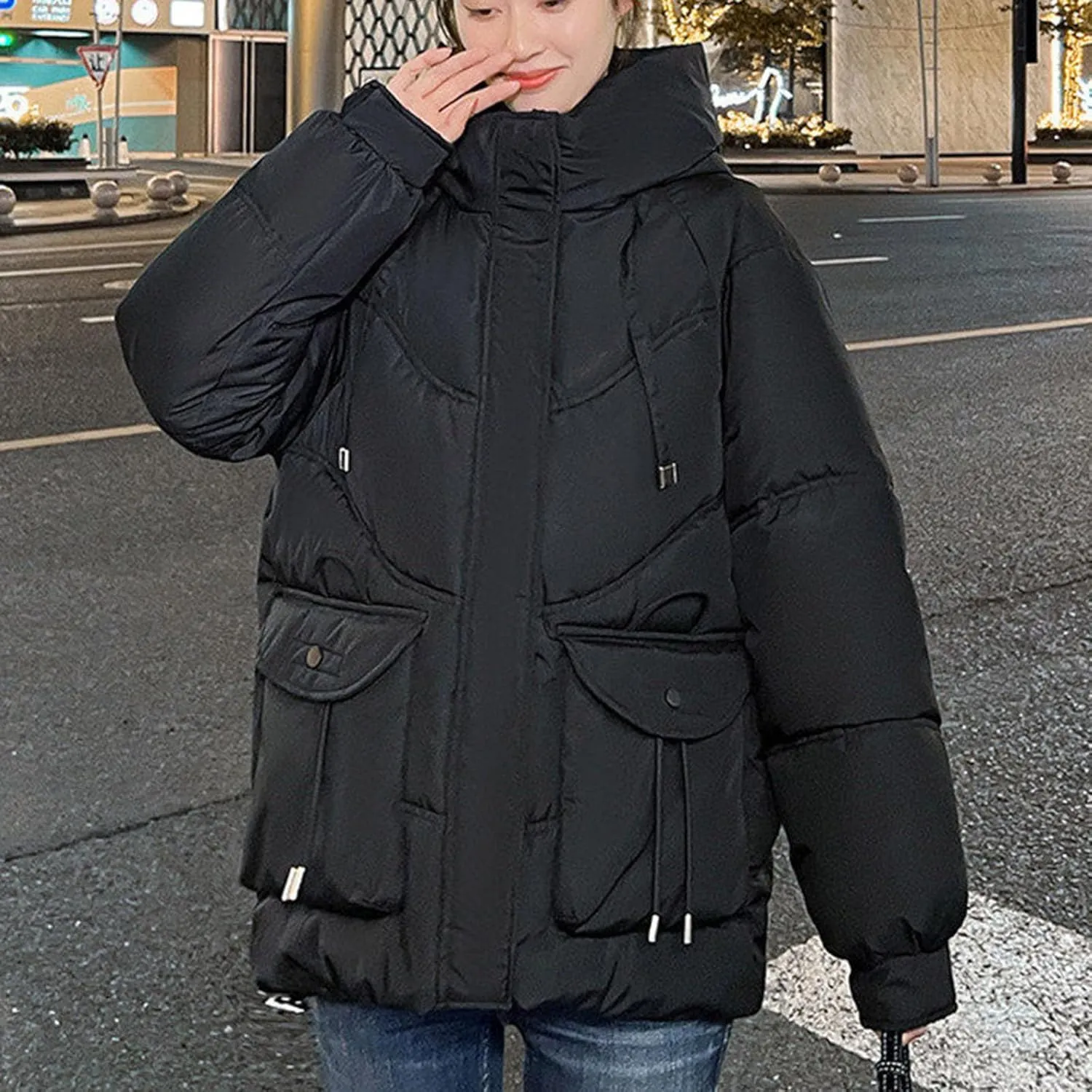 Women's Winter Zip Cropped Puffer Jacket Long Sleeve Warm Hooded Down Coats Loose Fit Quilted Jacket with Pocket