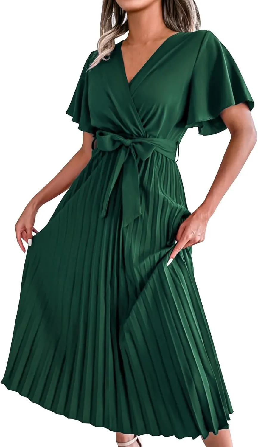Womens Wrap V Neck Casual Summer Dresses 2024 Short Sleeve Chiffon Tie Waist Pleated Flowy Wedding Guest Midi Dress