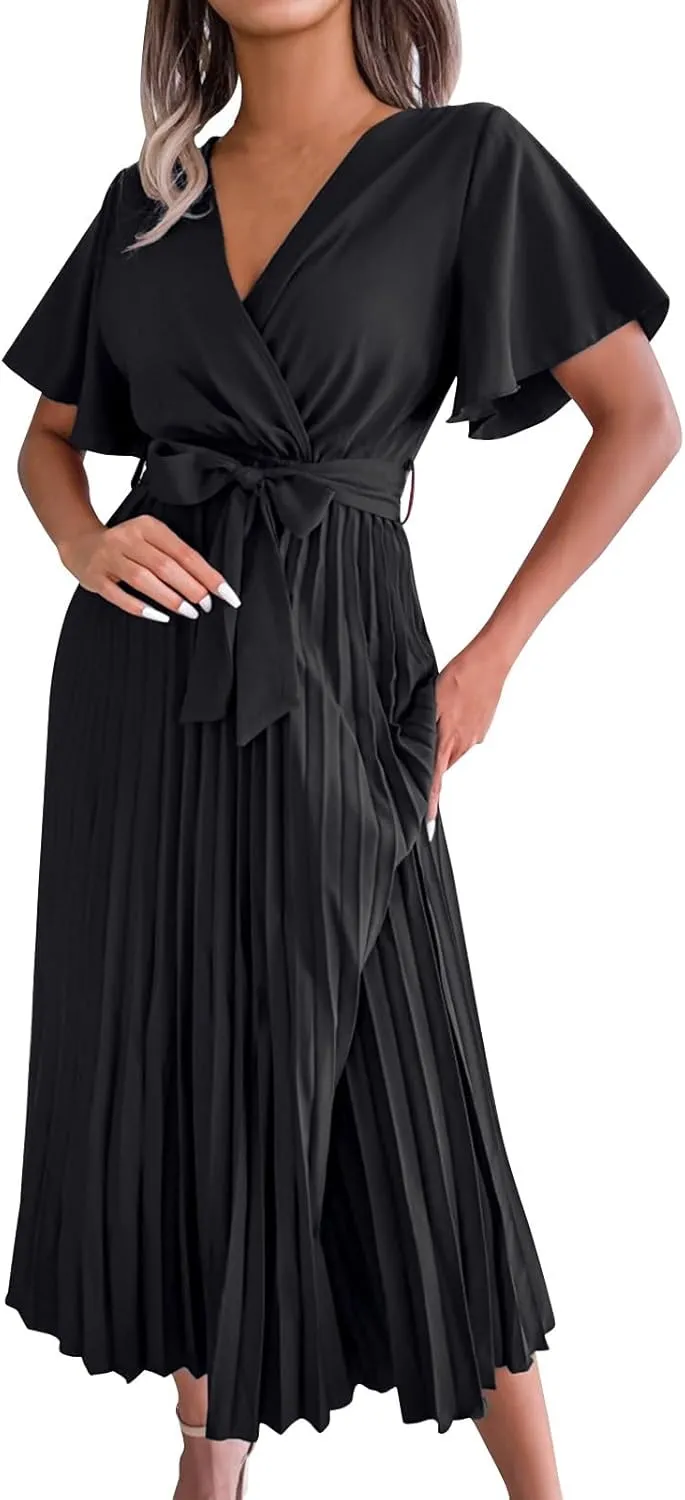 Womens Wrap V Neck Casual Summer Dresses 2024 Short Sleeve Chiffon Tie Waist Pleated Flowy Wedding Guest Midi Dress