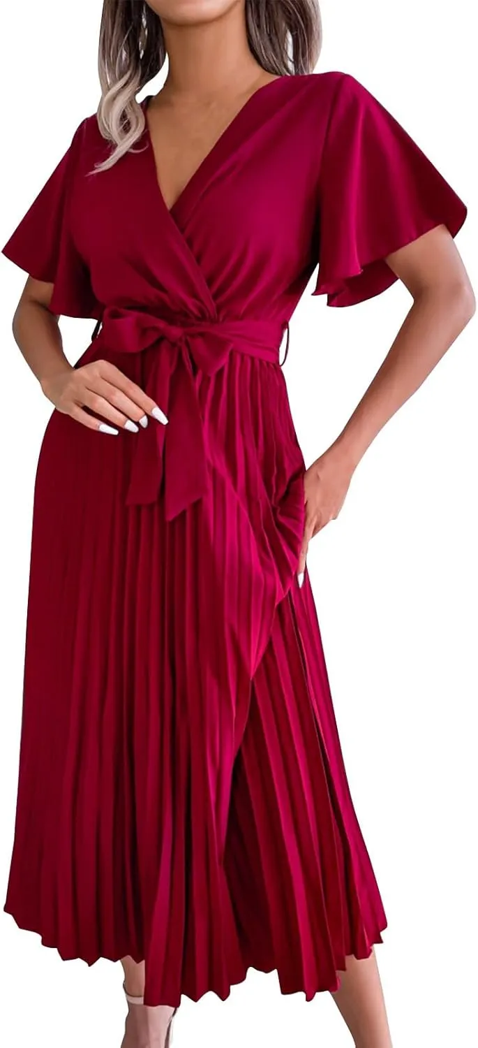 Womens Wrap V Neck Casual Summer Dresses 2024 Short Sleeve Chiffon Tie Waist Pleated Flowy Wedding Guest Midi Dress
