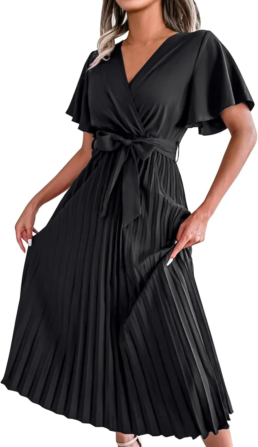 Womens Wrap V Neck Casual Summer Dresses 2024 Short Sleeve Chiffon Tie Waist Pleated Flowy Wedding Guest Midi Dress