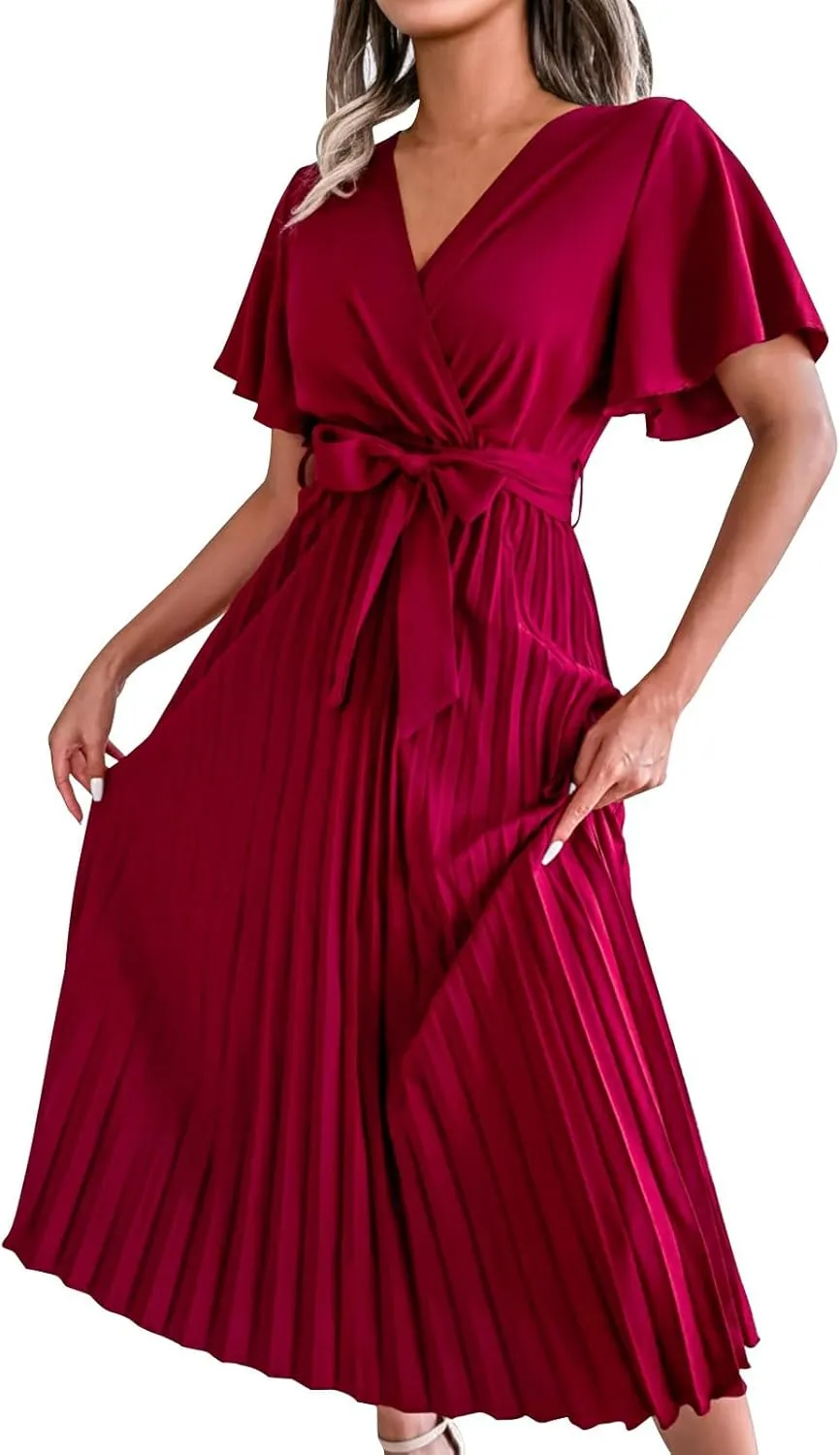 Womens Wrap V Neck Casual Summer Dresses 2024 Short Sleeve Chiffon Tie Waist Pleated Flowy Wedding Guest Midi Dress