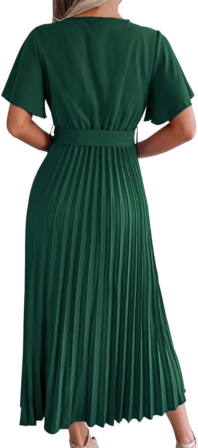 Womens Wrap V Neck Casual Summer Dresses 2024 Short Sleeve Chiffon Tie Waist Pleated Flowy Wedding Guest Midi Dress