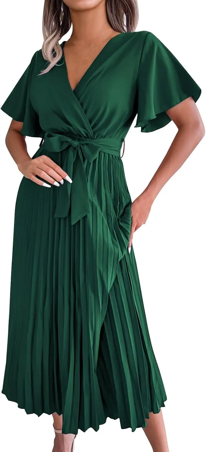 Womens Wrap V Neck Casual Summer Dresses 2024 Short Sleeve Chiffon Tie Waist Pleated Flowy Wedding Guest Midi Dress