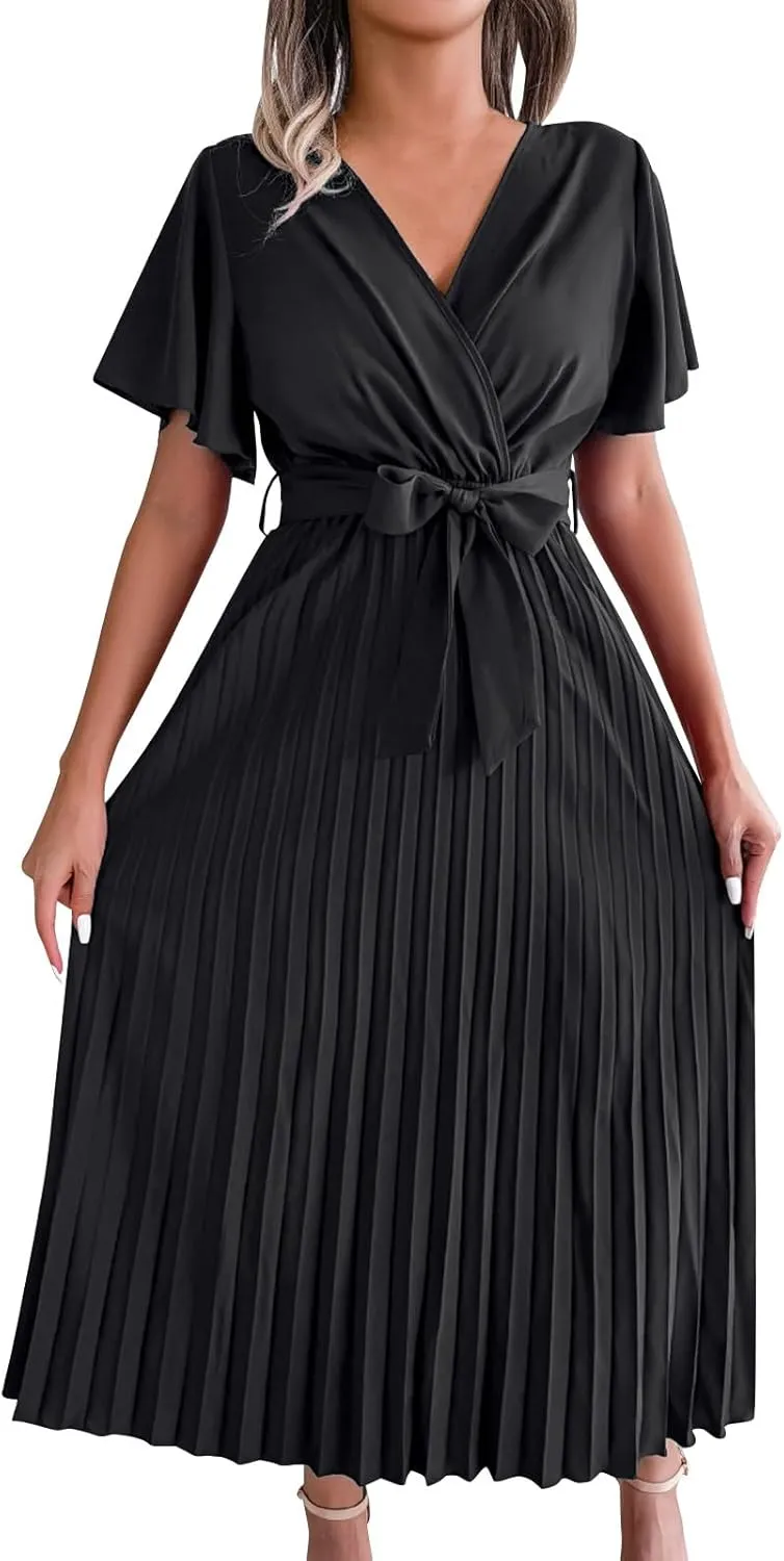 Womens Wrap V Neck Casual Summer Dresses 2024 Short Sleeve Chiffon Tie Waist Pleated Flowy Wedding Guest Midi Dress