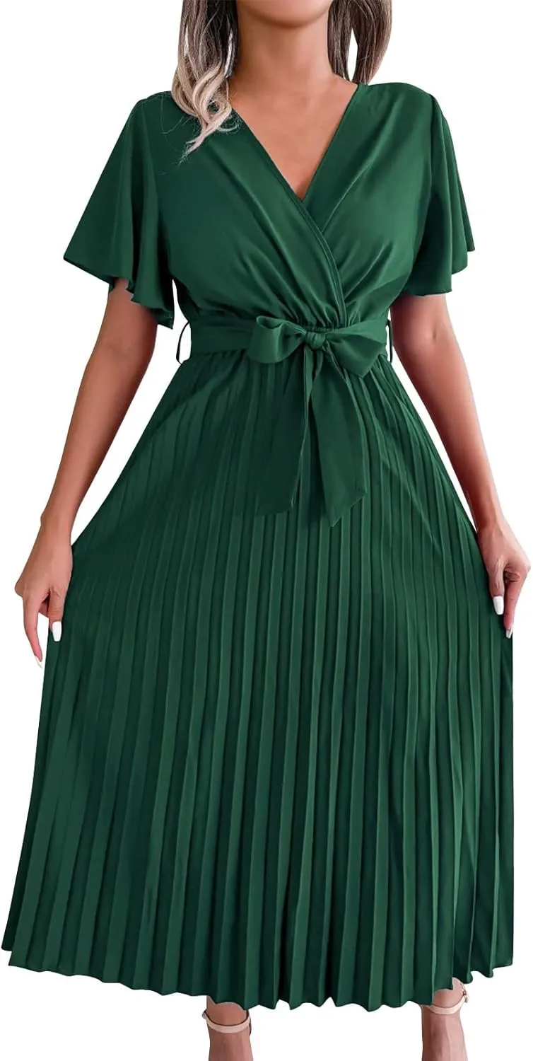 Womens Wrap V Neck Casual Summer Dresses 2024 Short Sleeve Chiffon Tie Waist Pleated Flowy Wedding Guest Midi Dress