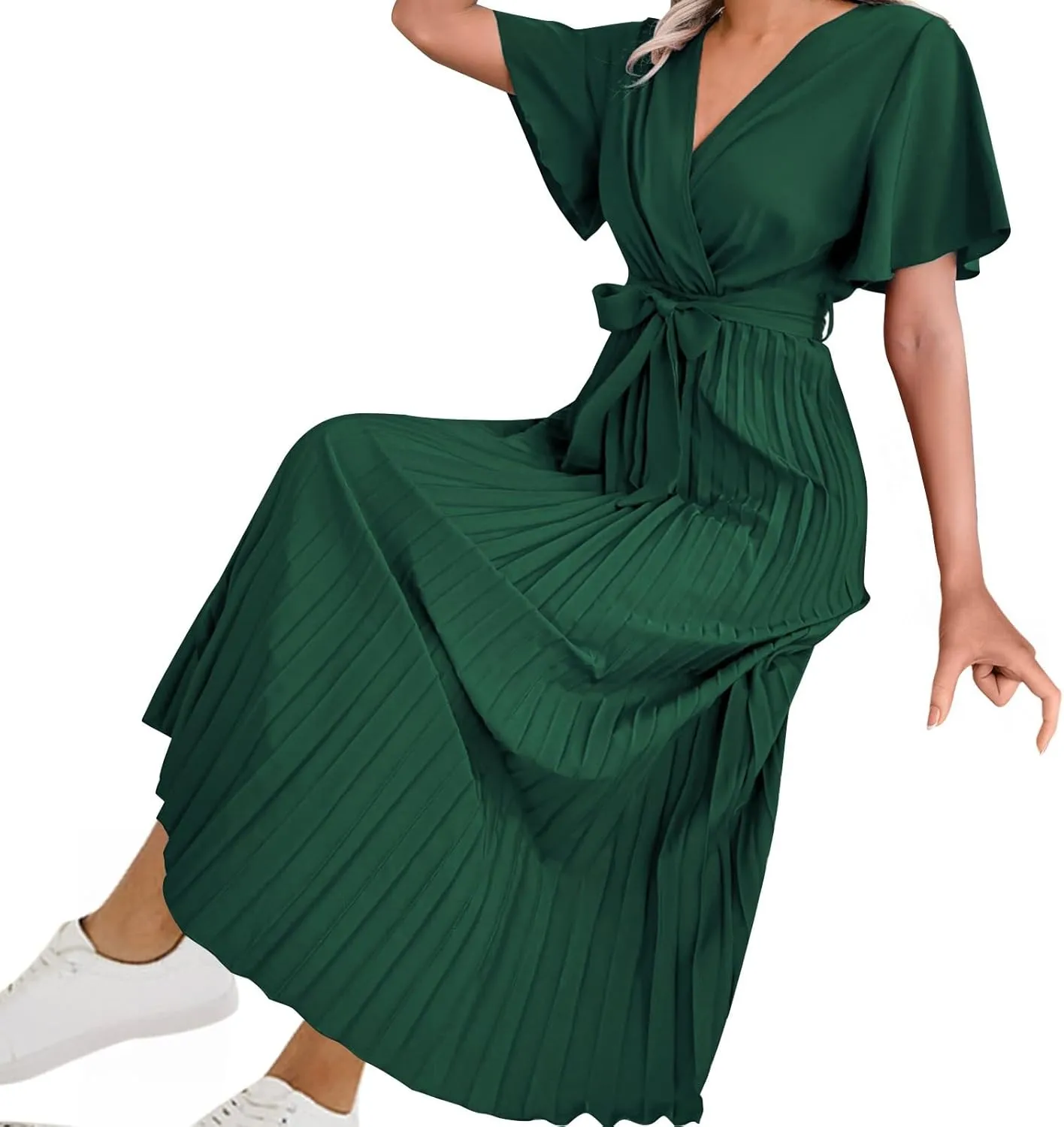 Womens Wrap V Neck Casual Summer Dresses 2024 Short Sleeve Chiffon Tie Waist Pleated Flowy Wedding Guest Midi Dress