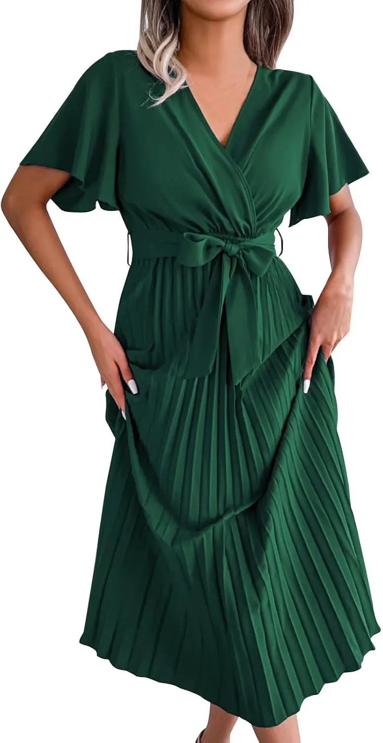 Womens Wrap V Neck Casual Summer Dresses 2024 Short Sleeve Chiffon Tie Waist Pleated Flowy Wedding Guest Midi Dress