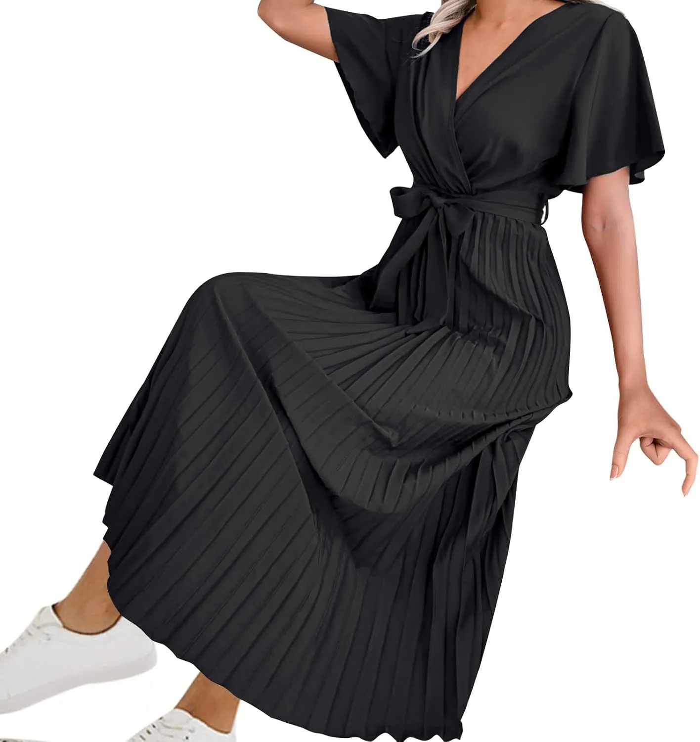 Womens Wrap V Neck Casual Summer Dresses 2024 Short Sleeve Chiffon Tie Waist Pleated Flowy Wedding Guest Midi Dress