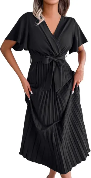 Womens Wrap V Neck Casual Summer Dresses 2024 Short Sleeve Chiffon Tie Waist Pleated Flowy Wedding Guest Midi Dress