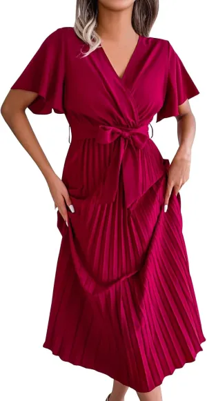 Womens Wrap V Neck Casual Summer Dresses 2024 Short Sleeve Chiffon Tie Waist Pleated Flowy Wedding Guest Midi Dress