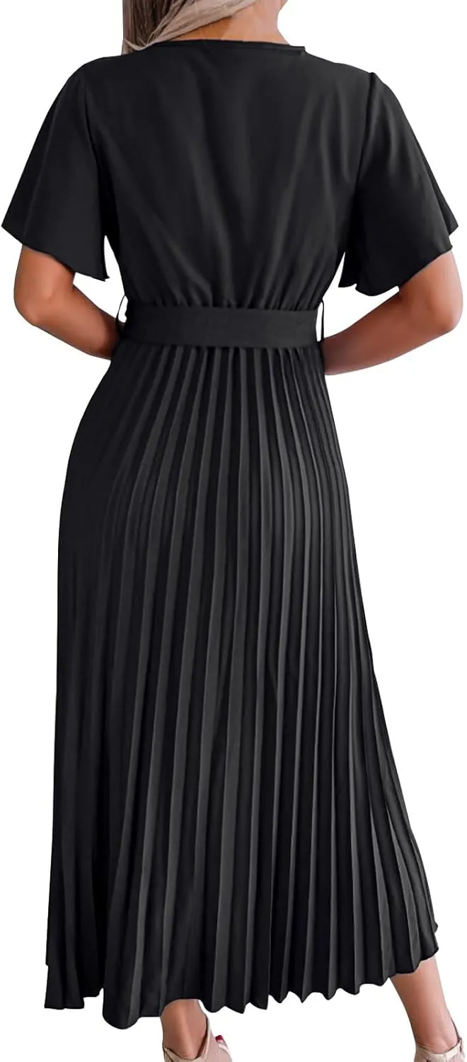 Womens Wrap V Neck Casual Summer Dresses 2024 Short Sleeve Chiffon Tie Waist Pleated Flowy Wedding Guest Midi Dress