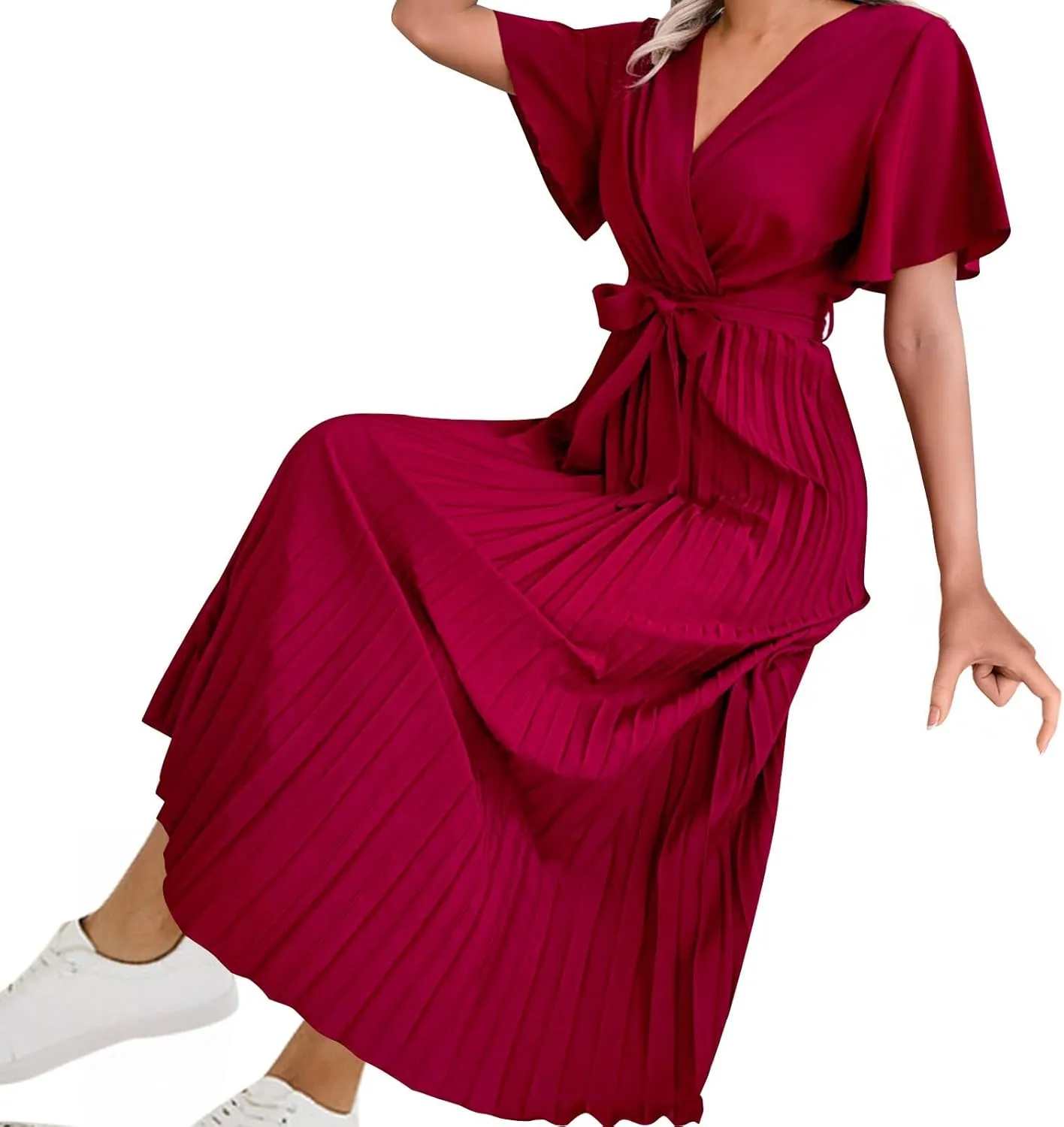 Womens Wrap V Neck Casual Summer Dresses 2024 Short Sleeve Chiffon Tie Waist Pleated Flowy Wedding Guest Midi Dress