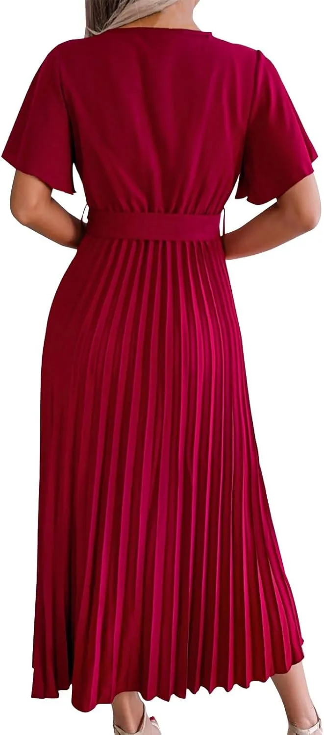 Womens Wrap V Neck Casual Summer Dresses 2024 Short Sleeve Chiffon Tie Waist Pleated Flowy Wedding Guest Midi Dress