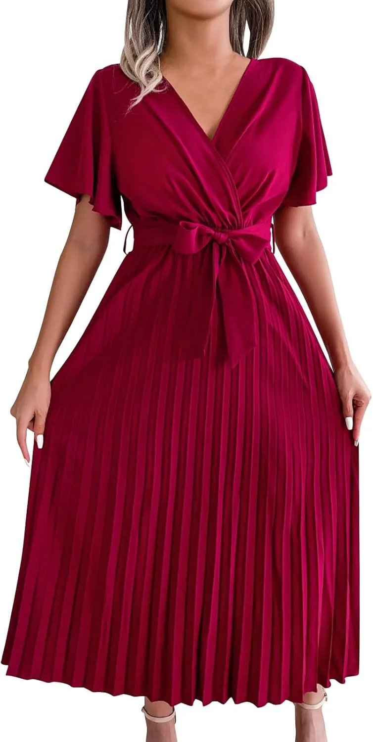 Womens Wrap V Neck Casual Summer Dresses 2024 Short Sleeve Chiffon Tie Waist Pleated Flowy Wedding Guest Midi Dress