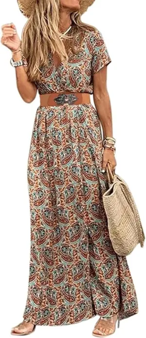 Woolicity Women's 2024 Floral Summer Dress Bohemian Maxi Dresses Wrap V Neck Short Sleeve Belted Midi Long Sun Dresses Brown