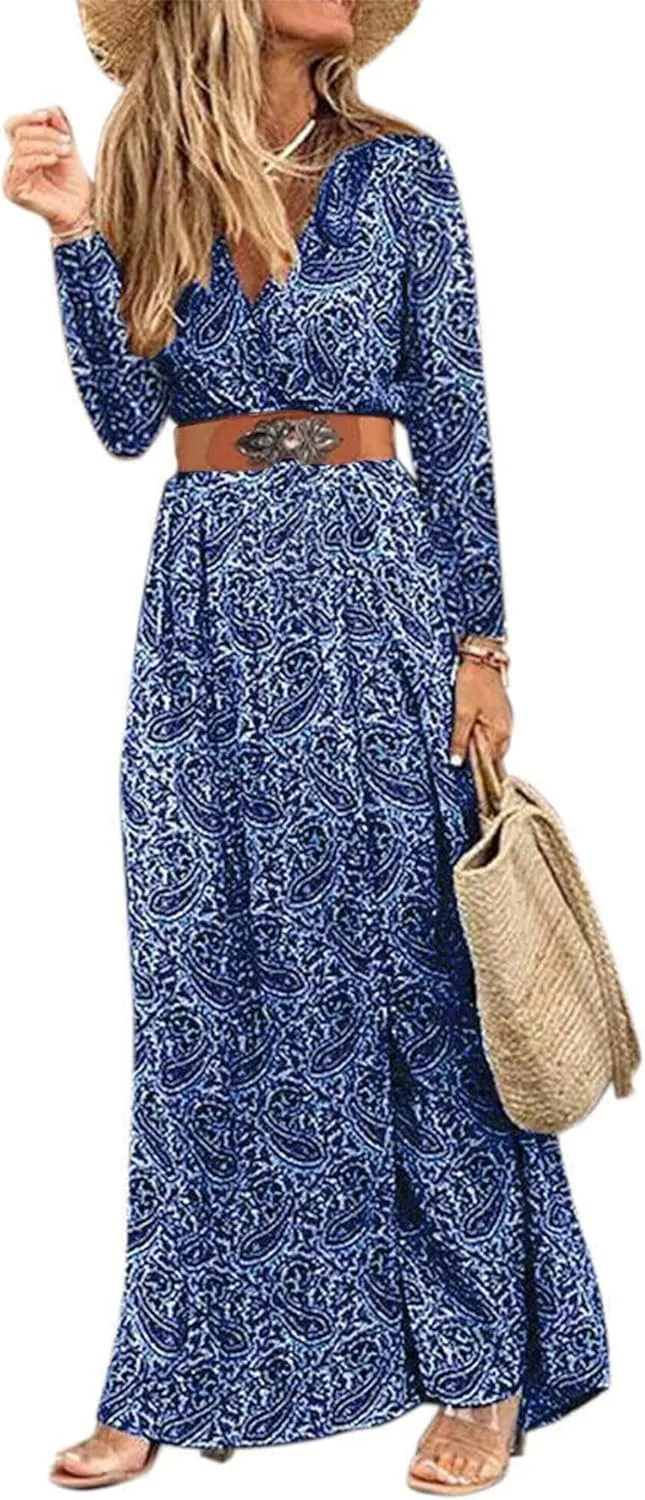 Woolicity Women's 2024 Floral Summer Dress Bohemian Maxi Dresses Wrap V Neck Short Sleeve Belted Midi Long Sun Dresses