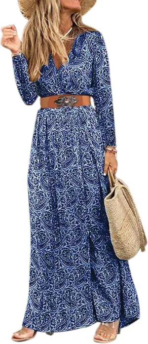 Woolicity Women's 2024 Floral Summer Dress Bohemian Maxi Dresses Wrap V Neck Short Sleeve Belted Midi Long Sun Dresses