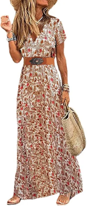 Woolicity Women's 2024 Floral Summer Dress Bohemian Maxi Dresses Wrap V Neck Short Sleeve Belted Midi Long Sun Dresses