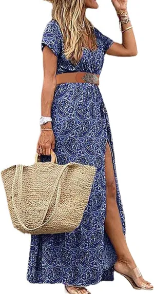 Woolicity Women's 2024 Floral Summer Dress Bohemian Maxi Dresses Wrap V Neck Short Sleeve Belted Midi Long Sun Dresses