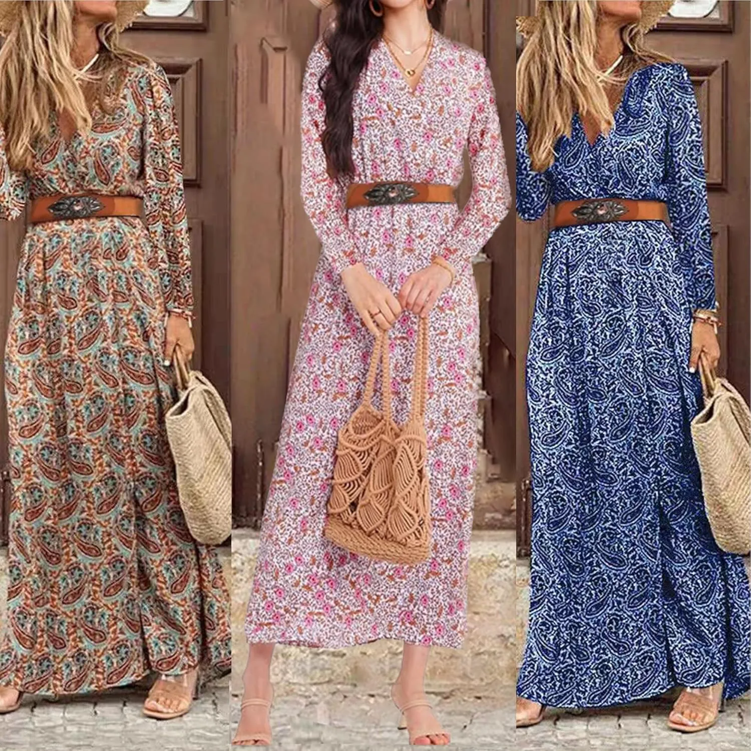 Woolicity Women's 2024 Floral Summer Dress Bohemian Maxi Dresses Wrap V Neck Short Sleeve Belted Midi Long Sun Dresses