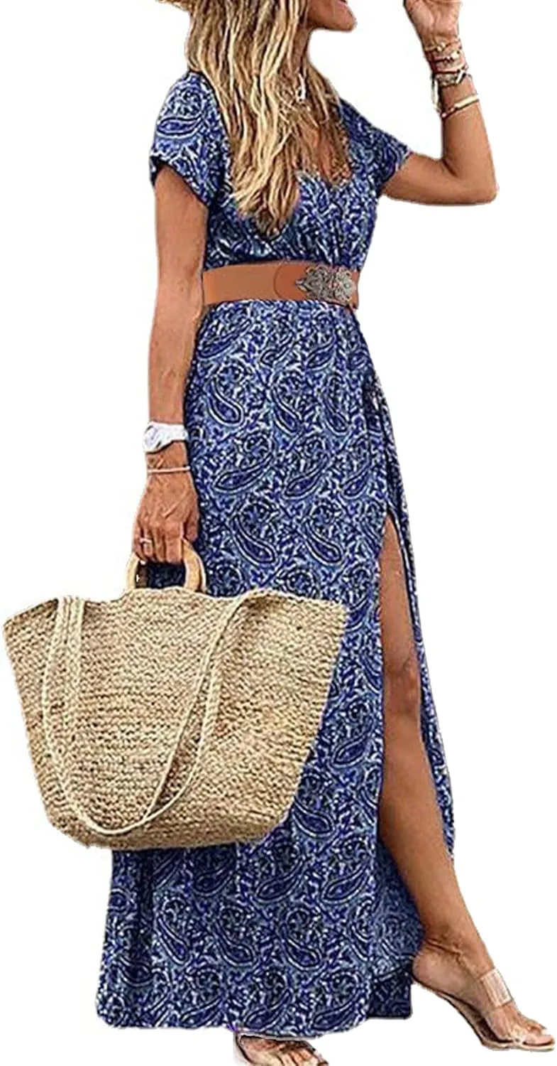 Woolicity Women's 2024 Floral Summer Dress Bohemian Maxi Dresses Wrap V Neck Short Sleeve Belted Midi Long Sun Dresses
