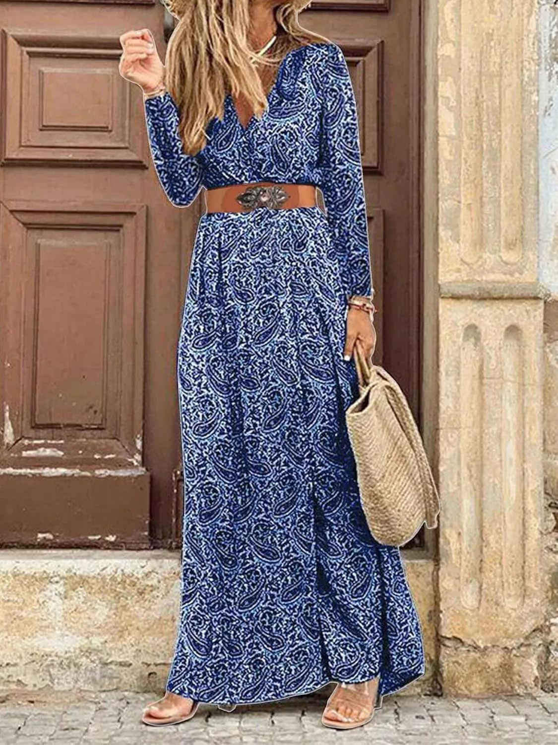Woolicity Women's 2024 Floral Summer Dress Bohemian Maxi Dresses Wrap V Neck Short Sleeve Belted Midi Long Sun Dresses