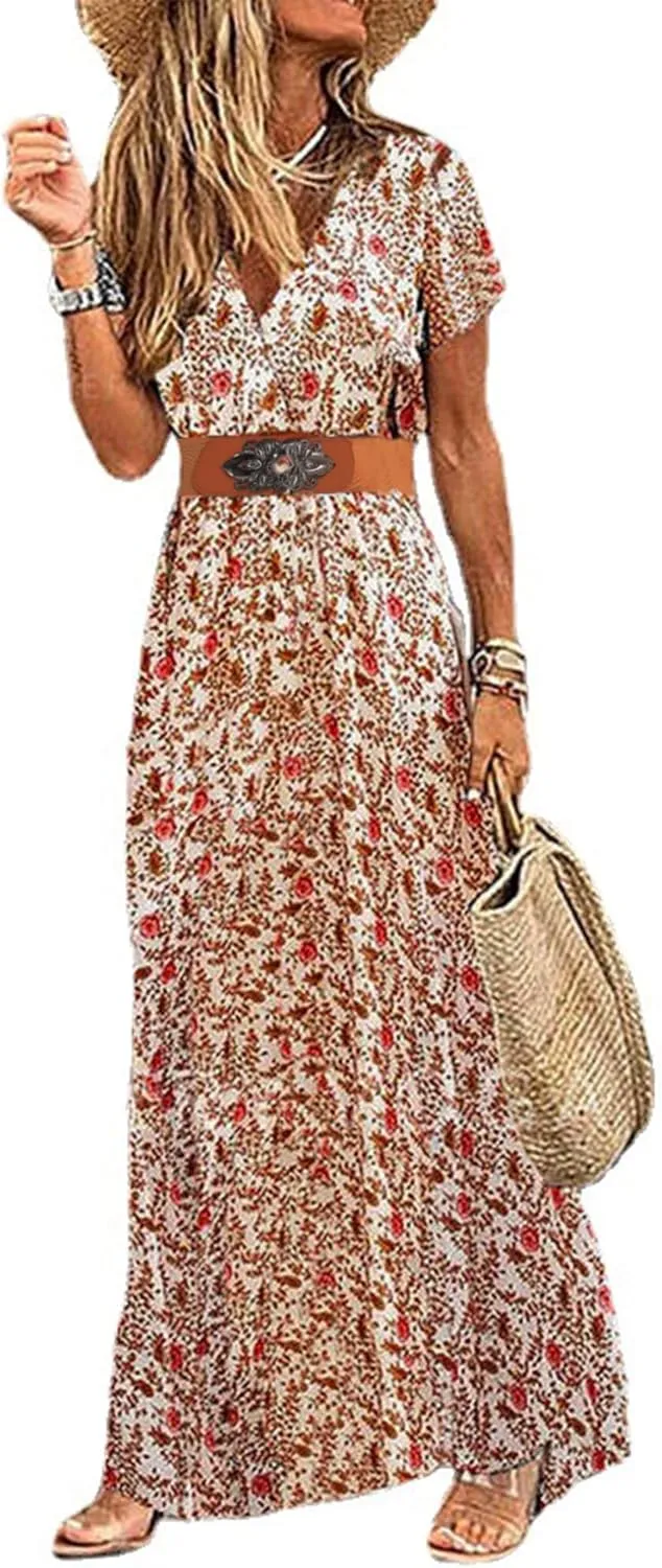 Woolicity Women's 2024 Floral Summer Dress Bohemian Maxi Dresses Wrap V Neck Short Sleeve Belted Midi Long Sun Dresses