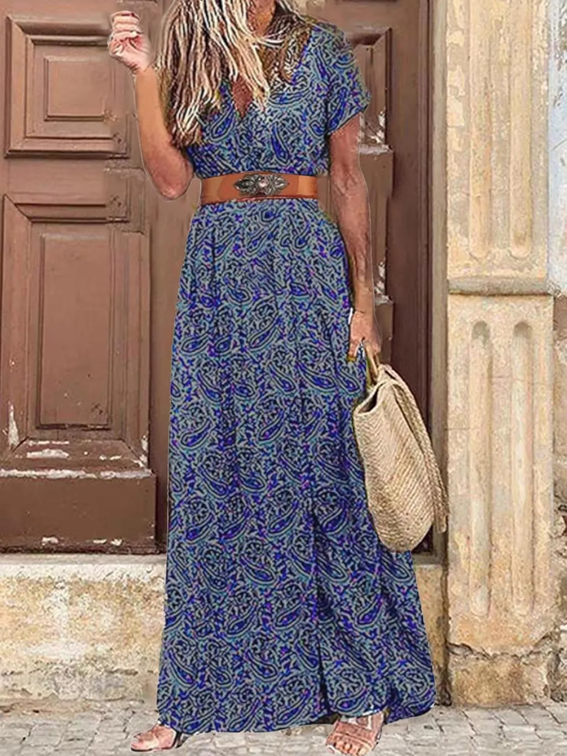 Woolicity Women's 2024 Floral Summer Dress Bohemian Maxi Dresses Wrap V Neck Short Sleeve Belted Midi Long Sun Dresses