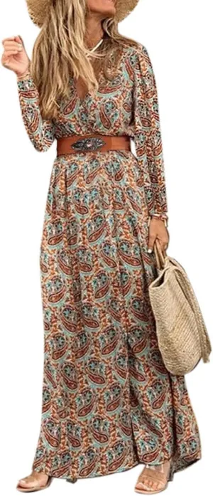 Woolicity Women's Floral Summer Dress Bohemian Maxi Dresses Wrap V Neck Long Sleeve Belted Midi Long Sun Dresses Brown S