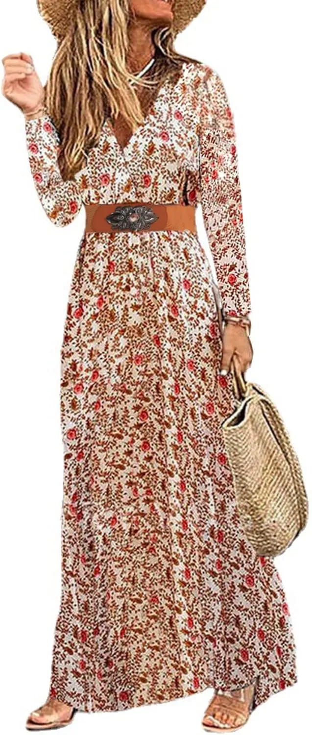 Woolicity Women's Floral Summer Dress Bohemian Maxi Dresses Wrap V Neck Long Sleeve Belted Midi Long Sun Dresses