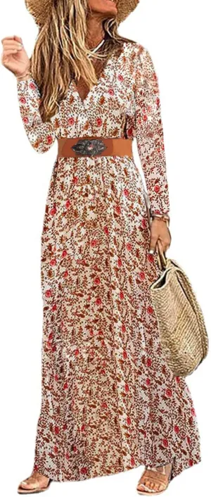 Woolicity Women's Floral Summer Dress Bohemian Maxi Dresses Wrap V Neck Long Sleeve Belted Midi Long Sun Dresses