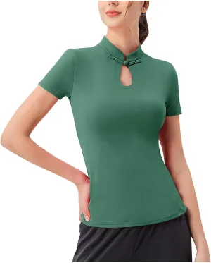 Workout Tops for Women Vintage Mandarin Collar Quick Dry Slim Fitted T Shirt Outdoor Yoga Running Hiking Gym Tee Top