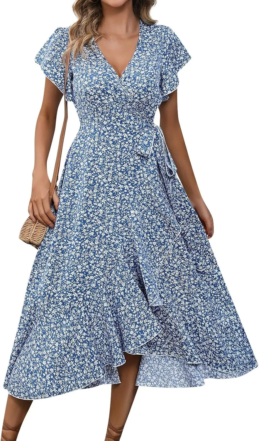 Wrap Dresses for Women 2025 Summer Sexy V Neck Short Sleeve Floral Dress High Waist Split Ruffle Boho Midi Dresses