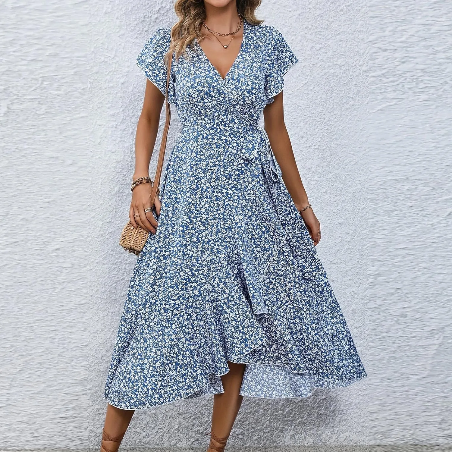 Wrap Dresses for Women 2025 Summer Sexy V Neck Short Sleeve Floral Dress High Waist Split Ruffle Boho Midi Dresses