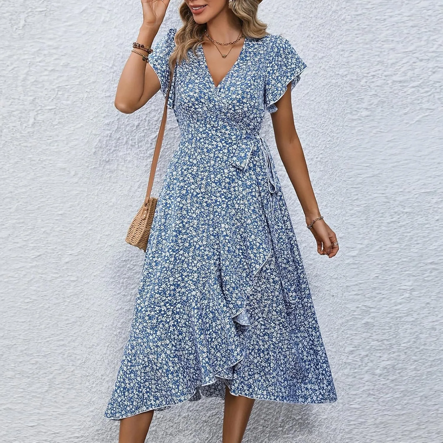 Wrap Dresses for Women 2025 Summer Sexy V Neck Short Sleeve Floral Dress High Waist Split Ruffle Boho Midi Dresses