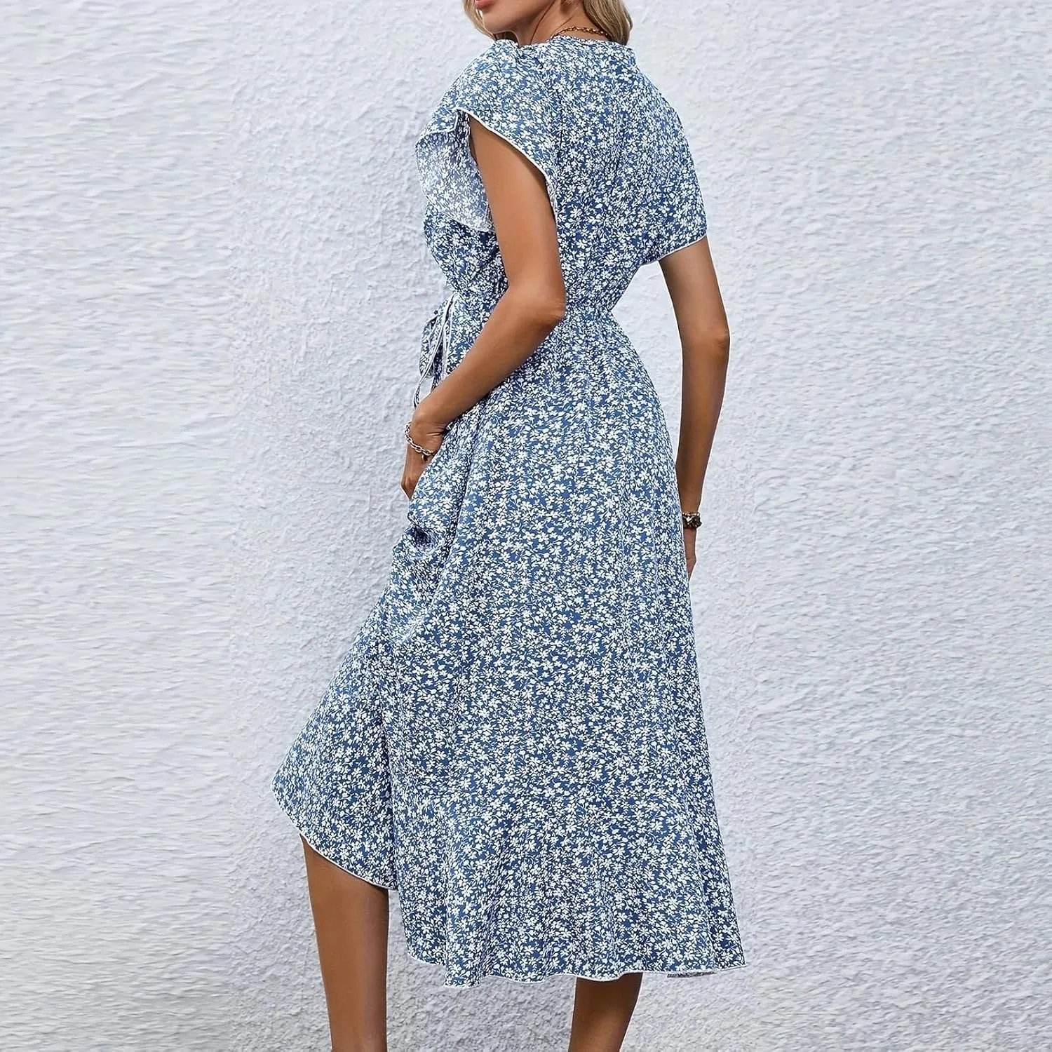 Wrap Dresses for Women 2025 Summer Sexy V Neck Short Sleeve Floral Dress High Waist Split Ruffle Boho Midi Dresses