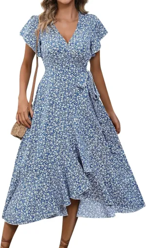 Wrap Dresses for Women 2025 Summer Sexy V Neck Short Sleeve Floral Dress High Waist Split Ruffle Boho Midi Dresses
