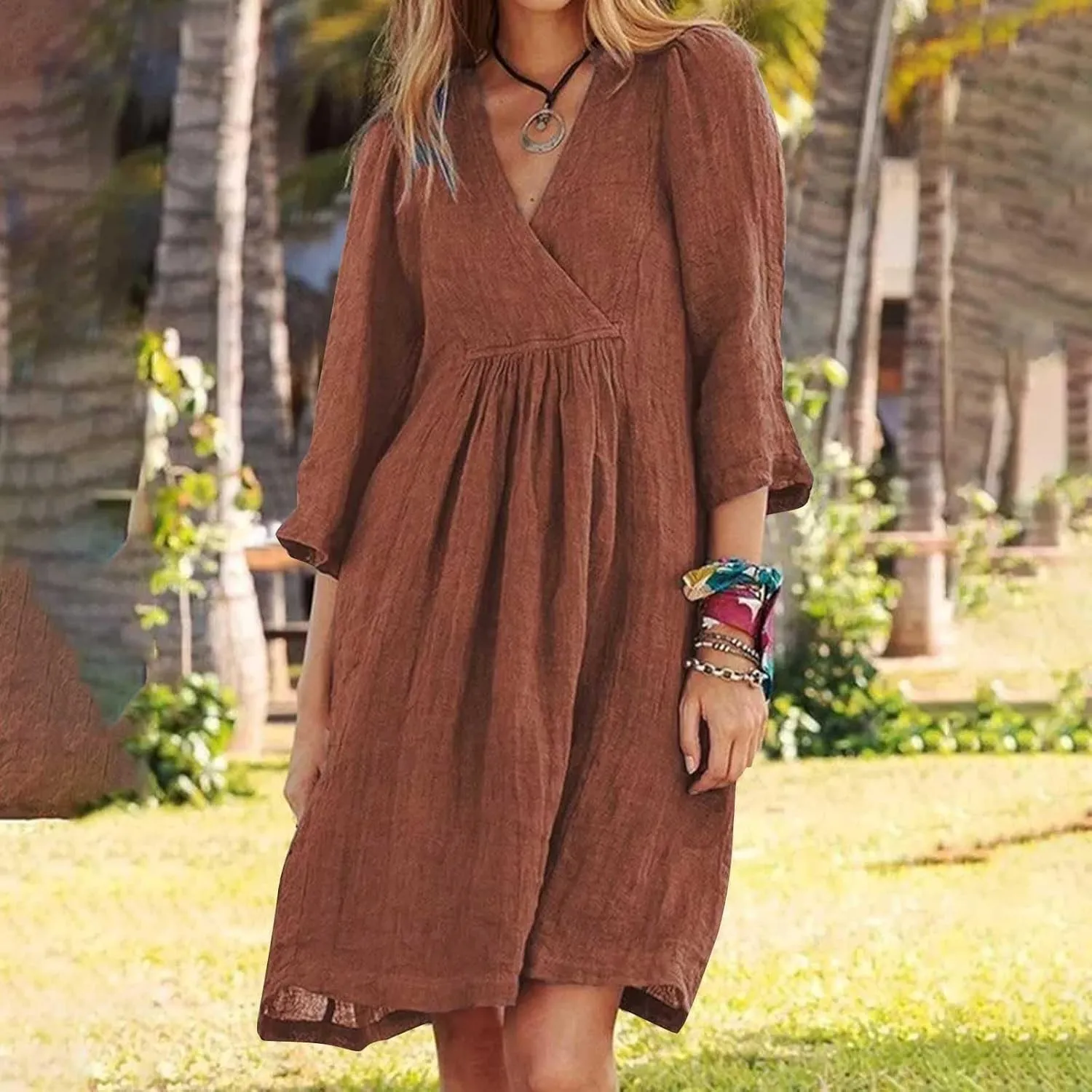XOWRTE Womens Cotton Linen Midi Dress Summer Solid Color 3/4 Sleeve V-Neck T-Shirt Dresses Plus Size Flowy Beach Dress