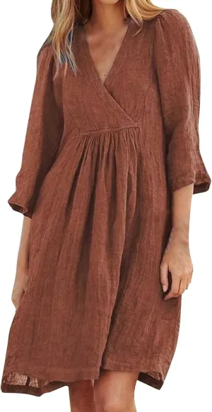 XOWRTE Womens Cotton Linen Midi Dress Summer Solid Color 3/4 Sleeve V-Neck T-Shirt Dresses Plus Size Flowy Beach Dress