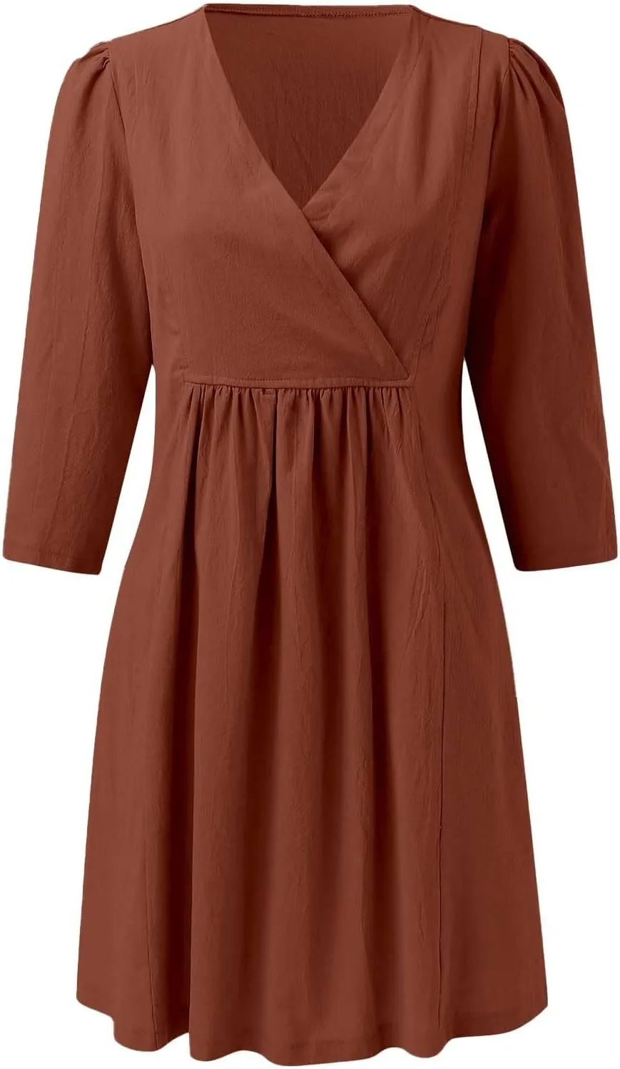 XOWRTE Womens Cotton Linen Midi Dress Summer Solid Color 3/4 Sleeve V-Neck T-Shirt Dresses Plus Size Flowy Beach Dress