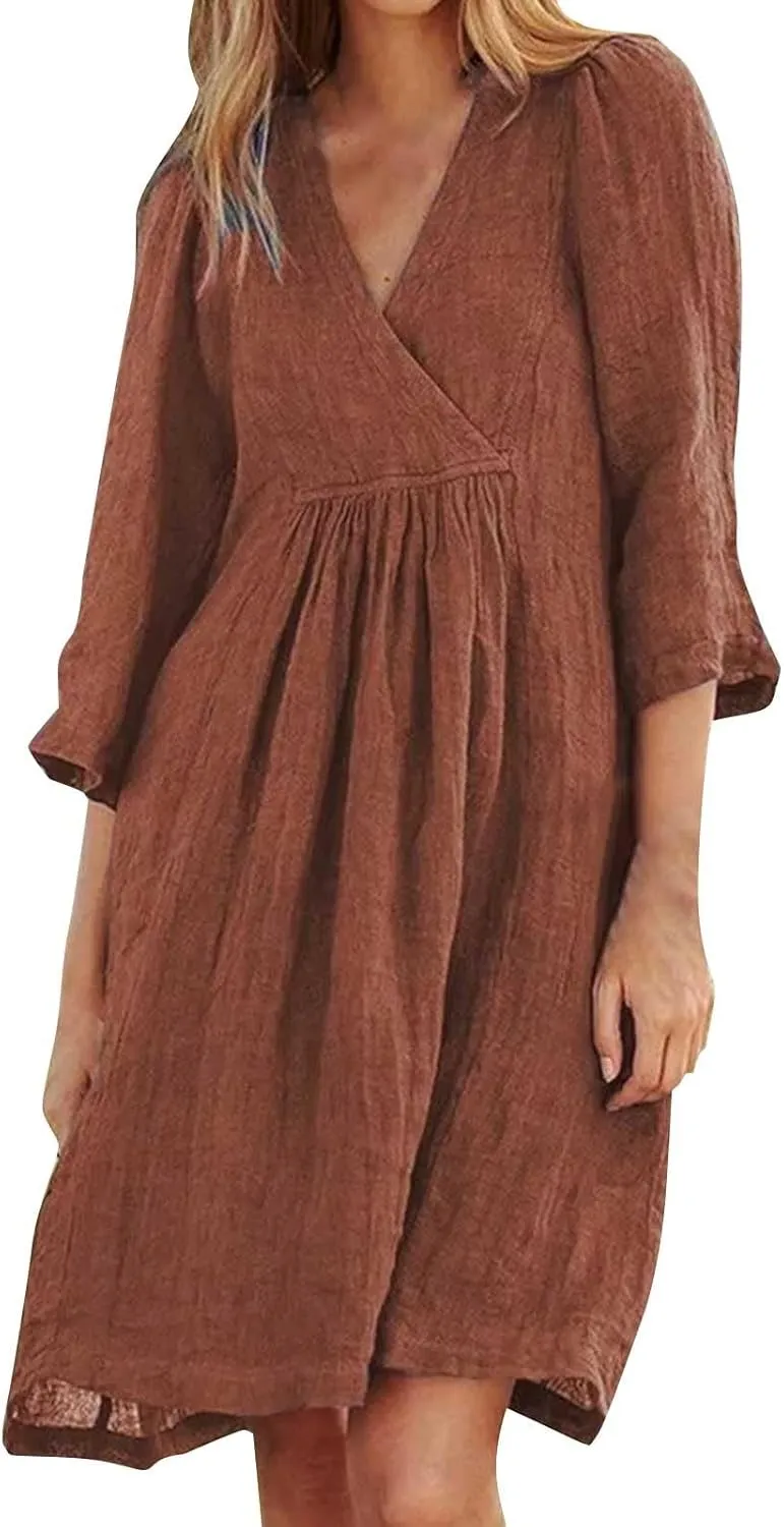 XOWRTE Womens Cotton Linen Midi Dress Summer Solid Color 3/4 Sleeve V-Neck T-Shirt Dresses Plus Size Flowy Beach Dress