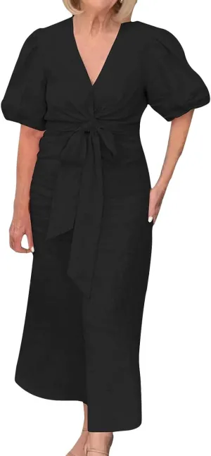 XOWRTE Womens Elegant V Neck Cocktail Ruffle Puff Sleeve Wrap Ruched Party Midi Dress Bodycon Work Business Sheath Dress