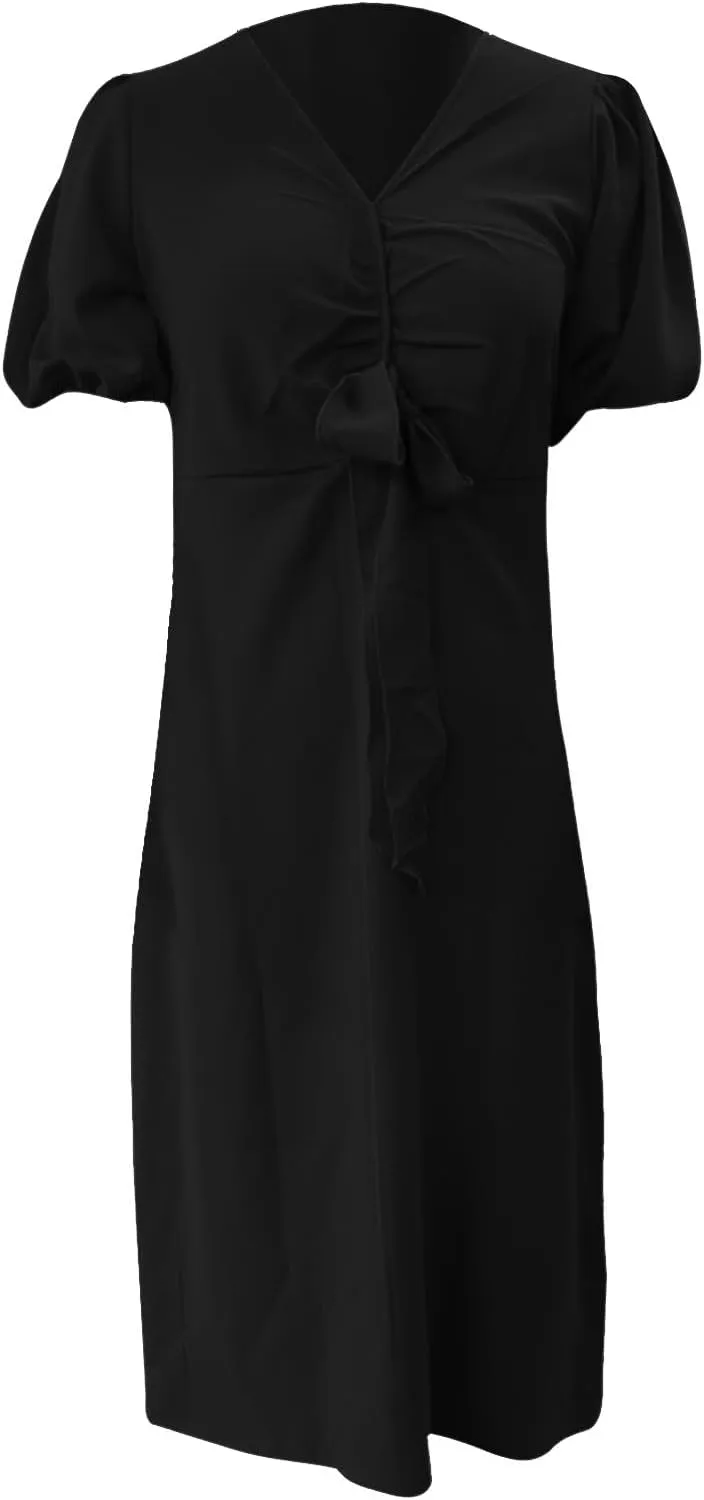 XOWRTE Womens Elegant V Neck Cocktail Ruffle Puff Sleeve Wrap Ruched Party Midi Dress Bodycon Work Business Sheath Dress