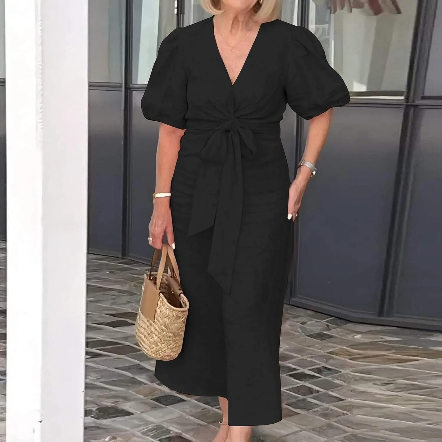 XOWRTE Womens Elegant V Neck Cocktail Ruffle Puff Sleeve Wrap Ruched Party Midi Dress Bodycon Work Business Sheath Dress