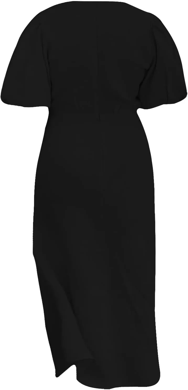 XOWRTE Womens Elegant V Neck Cocktail Ruffle Puff Sleeve Wrap Ruched Party Midi Dress Bodycon Work Business Sheath Dress