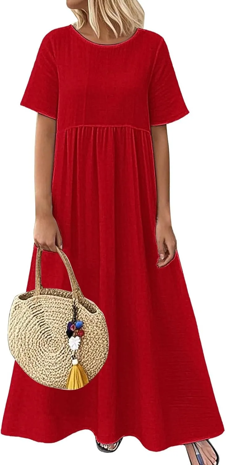 XOWRTE Women's Summer Boho Floral Maxi Dress Casual Loose Vacation Flowy Short Sleeve Beach Womens Long Summer
