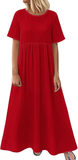 XOWRTE Women's Summer Boho Floral Maxi Dress Casual Loose Vacation Flowy Short Sleeve Beach Womens Long Summer
