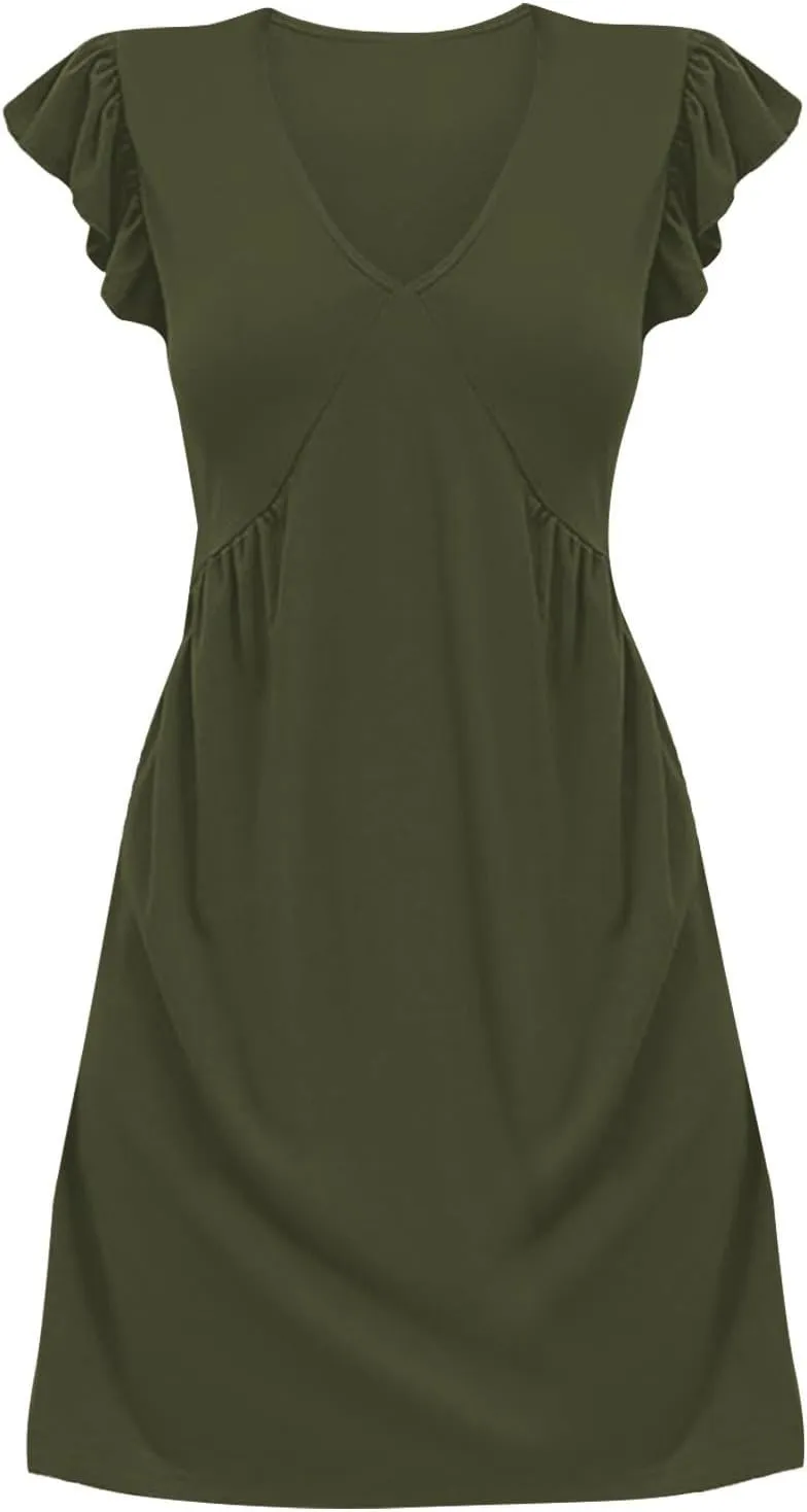 XOWRTE Women's Summer Dresses 2025 Beach Casual Deep V Neck Loose Sundress Ruffle Sleeve Mini Dress A-Line Tunic Dress